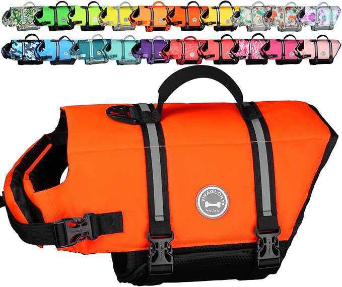 VIVAGLORY Rip Stop Dog Life Vest, Swimming Vest with Handle, Buoyancy for Doggy Puppy, Dog Life Jacket for Swimming & Boating, M, Bright Orange