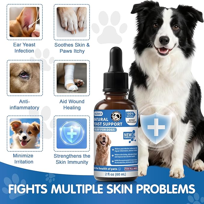 Natural Yeast Infection Treatment for Dogs, Itchy Ears, Skin, Paws & Allergy Relief, Yeast Treatment for Dogs, Supports Gut & Immune Health, Reduces Itching, Irritation & Inflammation, 60ml