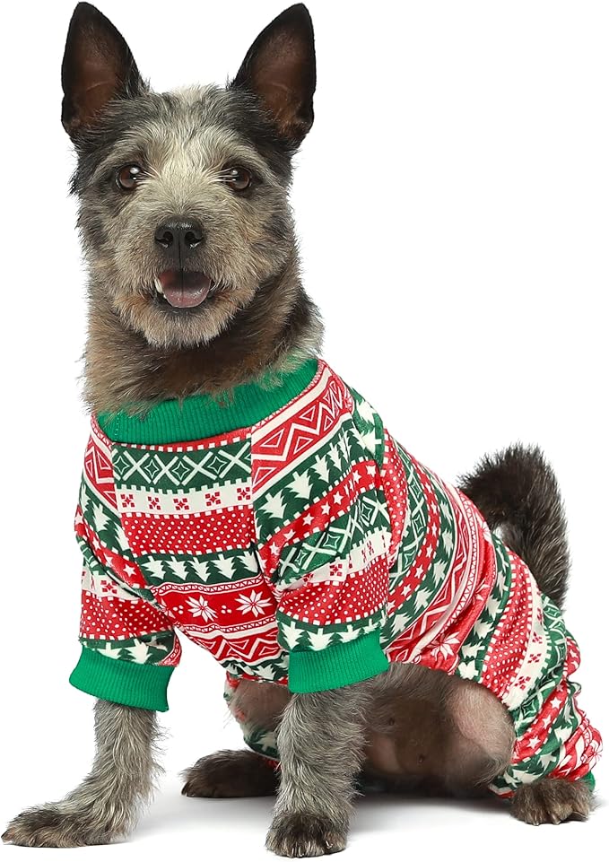 Fitwarm Dog Christmas Outfit, Holiday Pet Clothes for Small Dogs Boy Girl, Festive Pajamas with Feet, Puppy Onesie, Red, Green, Medium