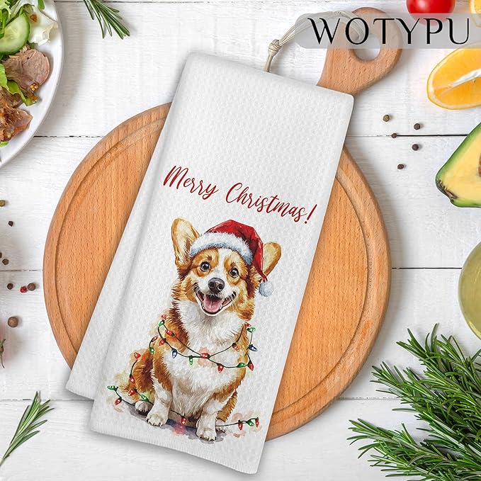 Corgi Christmas Kitchen Towels, Corgi Gifts for Women Men Dish Tea Towels, Dog Lover Gifts Decorative Hand Towel for Bathroom, Christmas Bathroom Decor, 16X24 Inch
