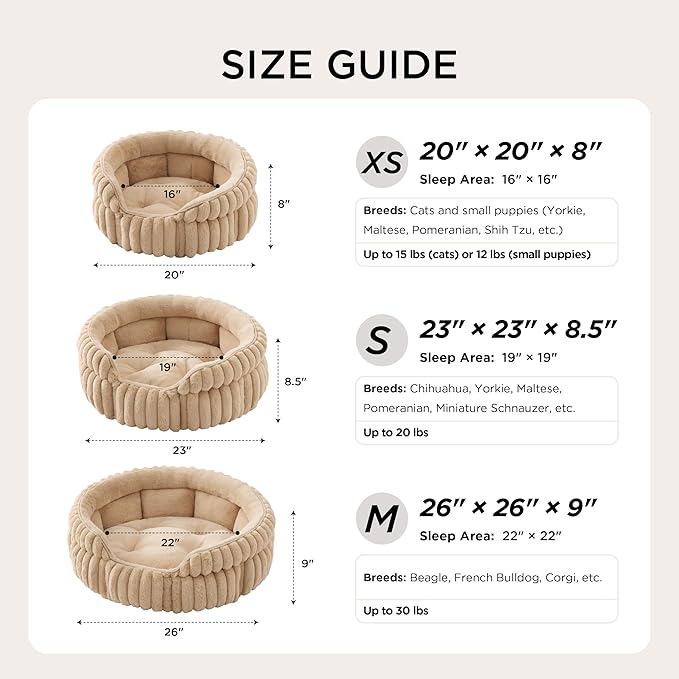Bedsure ComfyFleece™ Cat Bed, Washable Round Cute Pet Beds for Indoor Cats, Super Soft Corduroy Kitten Bed with Anti-Slip Bottom, 20''x20''x8'', Sandy Beige