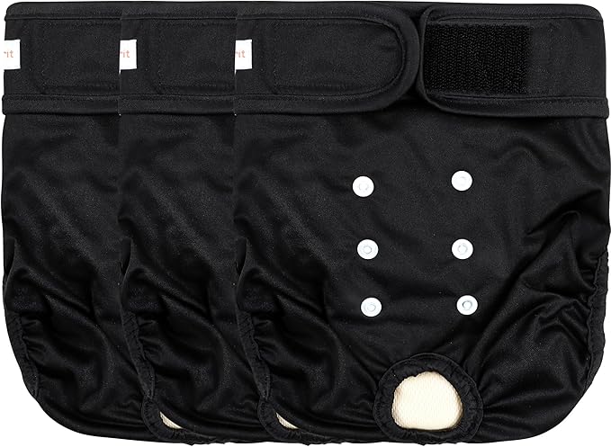 Langsprit Washable Female Dog Diapers (3 Pack) - No Leak Reusable Diapers for Doggy Female in Period - Highly Absorbent Dog Heat Panties with Adjustable Snaps Black S Size