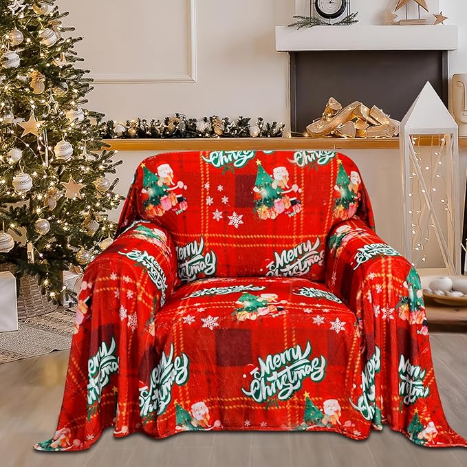 Easy-Going 80X102 inches Merry Christmas Chair Sofa Cover, Jacquard Velvet Couch Slipcover for 1 Cushion Couch, L Shape Sectional Covers for Dogs, Washable Sofa Blanket, Furniture Protector