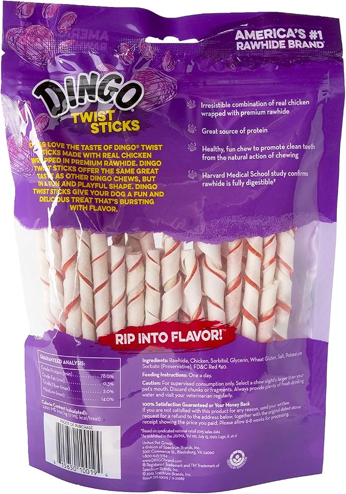 Dingo Twist Sticks 50 Count (Pack of 16) ,Treat For Dogs, Made With Real Chicken