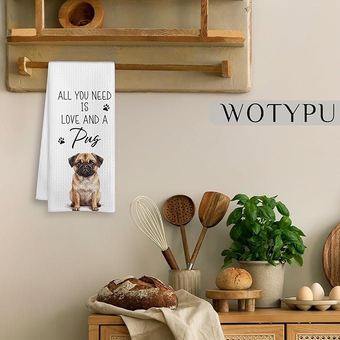Funny Pug Gifts Kitchen Towels, Dog Lover Gifts Dish Tea Towels for Kitchen, Gifts for Pug Lovers Decorative Hand Towel for Bathroom, Dog Bathroom Decor, 16x24 Inch