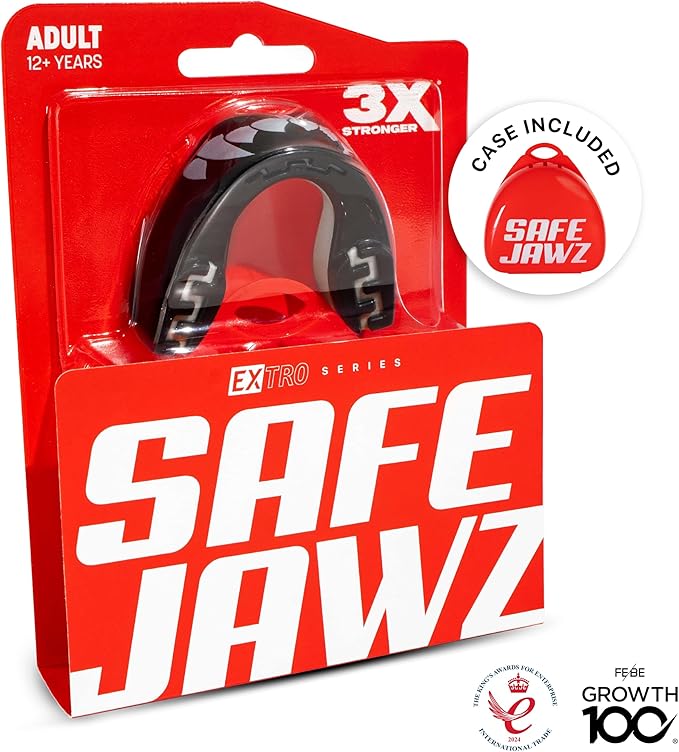 SAFEJAWZ Mouth Guard, Dual Layer Mouthguard for Youth with Case, Easy Fit Remoldable Mouthpiece for Football, Boxing, Lacrosse, MMA, Basketball & All Contact Sports (Kids <11 Years, Black Fangz)