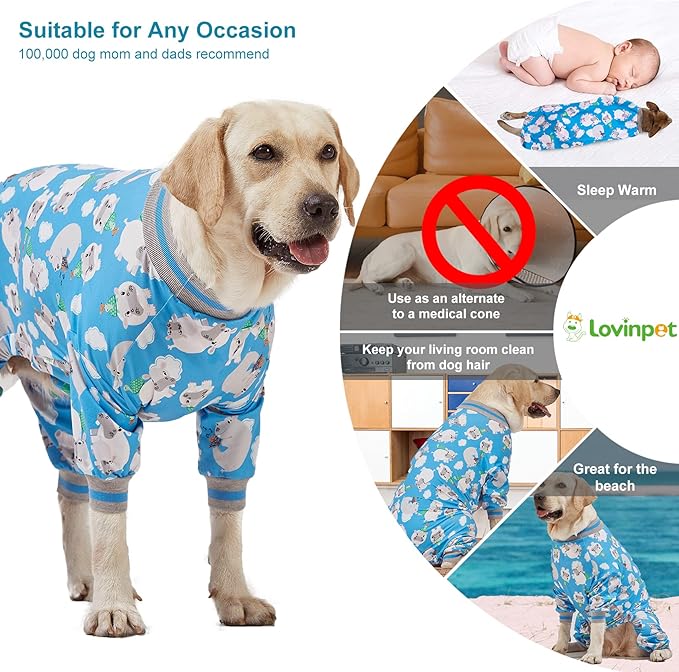 LovinPet Long Sleeve Dog Pajamas, Dog Onesie Large Breed, Pitbull Onesie, Slim Fit, Lightweight Pullover, Full Coverage Dog Pjs, Happy Hippo Blue Print, L