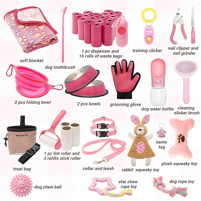 FLYSTAR Puppy Supplies Starter Kit - 42 pcs Puppy Essentials Includes Dog Squeaky Toys, Collar, Leash, Treat Bag, Poop Waste Bag, Blanket, Bowls, Water Bottles, Brush, Training Clicker and More.