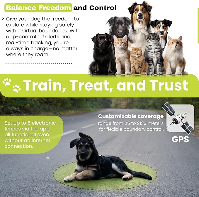 Customizable GPS Dog Collar Fence System, Waterproof LCD Collar & Safe Zone Radius up to 6998 ft – Wireless Dog Fence, Wireless Pet Collar & App-Controlled Dog Training Collar