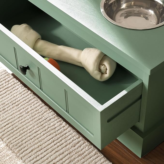 SAFAVIEH Home Collection Boomer Sage Green Elevated Pet Feeder Dog Bowl Stand with Drawer (Fully Assembled)