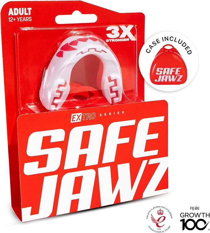 SAFEJAWZ Mouth Guard, Dual Layer Mouthguard for Adults with Case, Easy Fit Remoldable Mouthpiece for Football, Boxing, Lacrosse, MMA, Basketball & All Contact Sports (Adult 12+ Years, Pink Fangz)