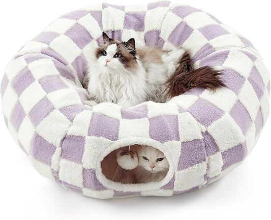 Lesure Cat Tunnel Bed for Indoor Cats - Cute Cat Donut Tunnel Toys for Small Large Cats with Washable Circle Cushion, Round Pet Peekaboo Cave Toy for Kitten/Puppy/Rabbit, Standard Lavender Checks
