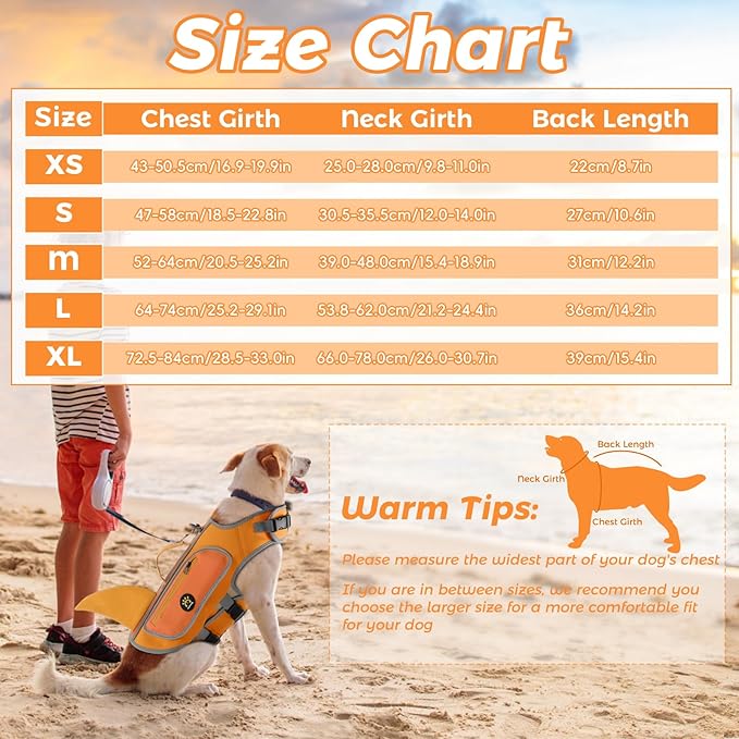 Dog Life Jacket, High Buoyancy Shark Dog Safety Vest, Neoprene Pet Life Preserver with Good Visibility & Reflective, Puppy Swim Floating Vest with Rescue Handle for Boating (Orange, Small)