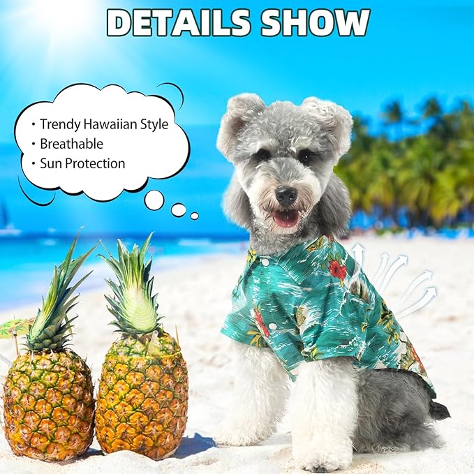 KOOLTAIL Dog Hawaiian Shirt, Dog Summer Clothes with Leash D-Ring for Small Medium Dogs, Floral Cool Beach Puppy Shirts with Sun Protection,Breathable Soft Pet Outfit Indoor&Outdoor Boy&Girl, Green SM