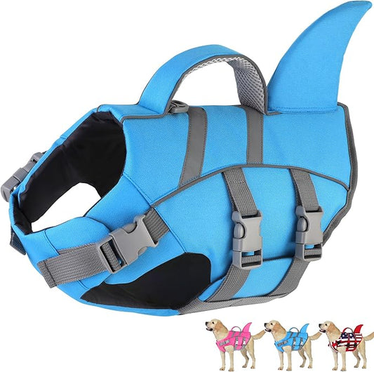 Dogcheer Dog Harness-Style Life Jacket Shark, Reflective Dog Life Vest for Swimming Boating, Adjustable Puppy Swim Vest, Pet Floating Device for Small Medium Large Dogs - Blue, M
