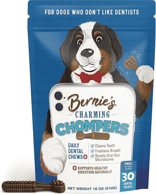 Bernie's Charming Chompers - Daily Dental Chews for Dogs 15-25 Lbs. - 30 Count - Cleans Teeth, Freshens Breath, + Boosts Oral-Gut Microbiome. Easy to Digest, Supports Healthy Digestion Naturally
