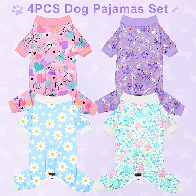 Bienbee Dog Pajamas, 4 Pack Dog Recovery Suit Shedding Suit Cute Soft Puppy Clothes Dogs Pjs Onesies Jammies Adjustable Breathable & Stretchy Clothes for Small Medium Large Dogs Girl Boy Puppy-L