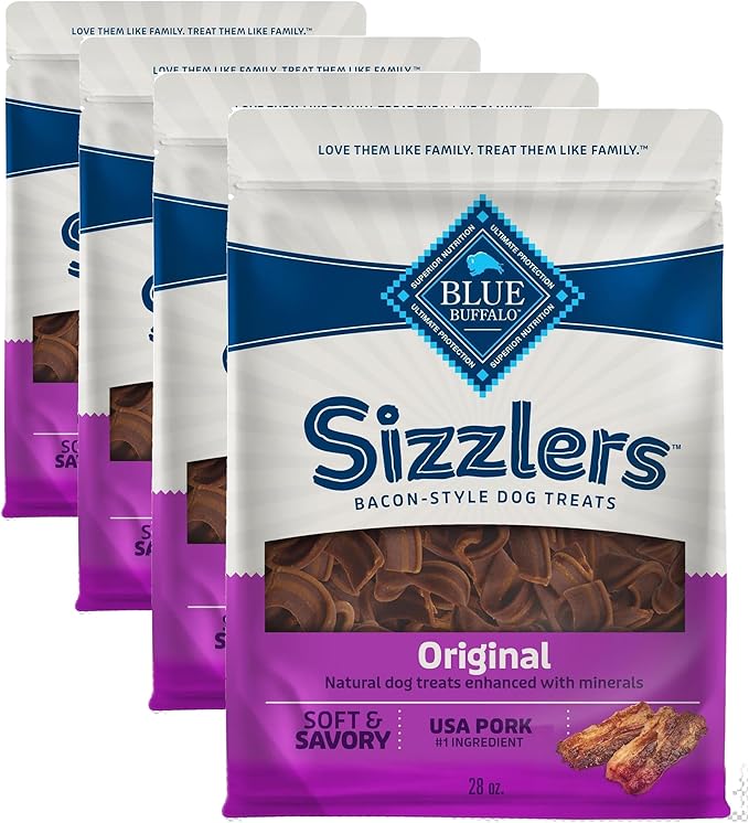 Blue Buffalo Sizzlers Bacon-Style Dog Treats with Real USA Pork, Original Flavor, 28-oz Bag (Pack of 4)