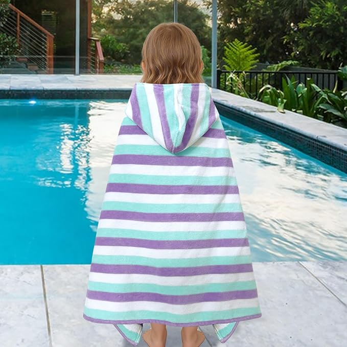 VOOVA & MOVAS Toddler Hooded Bath Towels 0-3T, 25''X40, Soft | Thick | 100% Cotton | Absorbent Towel Wrap for Baby, Perfect for Beach, Pool, Bath, Swimming,Blue Purple Stripe