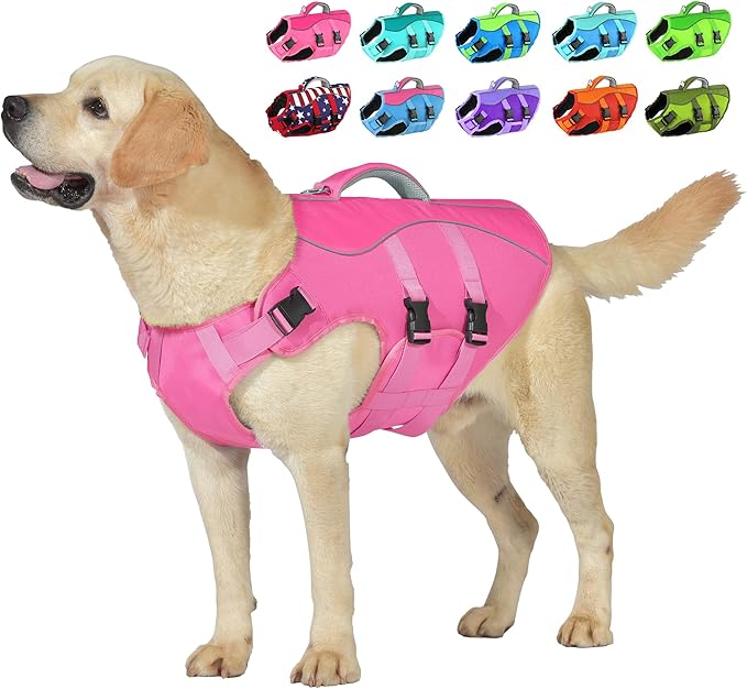 Dog Life Jacket, High Buoyancy Dog Life Vest with Handle for Swimming Boating, Adjustable Swimming Vest with Reflective Trim for Small Medium Large Dogs - Pink, S