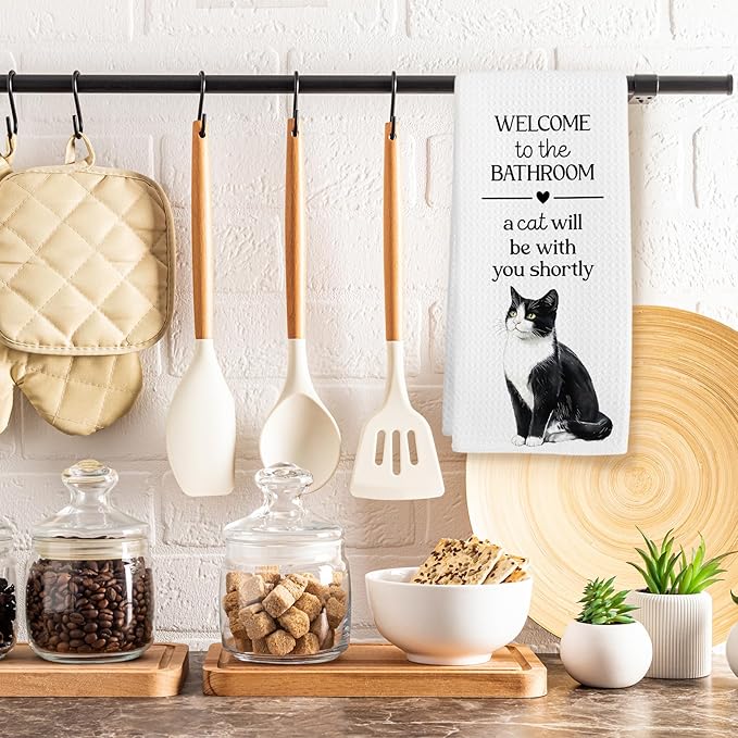 Funny Tuxedo Cat Hand Towels, Funny Tuxedo Cats Gifts for Cats Lovers Women Hand Towel, A Cat Will Be with You Shortly Decorative Towel for Bathroom, Cute Kitty Bathroom Decor, 16x24in
