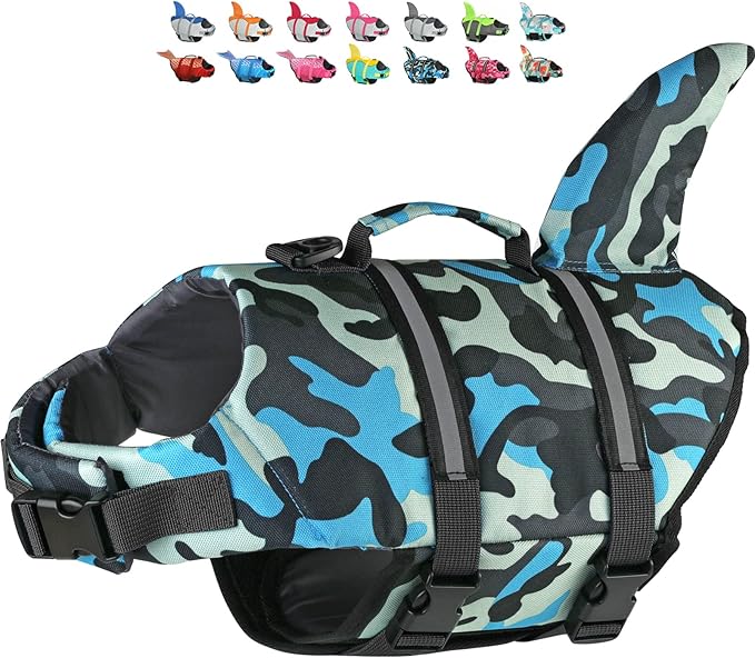 Dogcheer Dog Life Jacket Shark, Ripstop Dog Life Vest for Swimming Boating with Reflective Stripes & Rescue Handle, High Buoyancy Pet PFD Swim Vest for Small Medium Large Dogs - Camo Blue, L