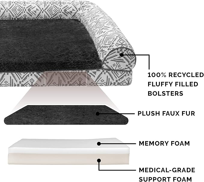 Furhaven Memory Foam Dog Bed for Large Dogs w/ Removable Bolsters & Washable Cover, For Dogs Up to 125 lbs - Plush & Southwest Kilim Woven Decor Sofa - Boulder Gray, Jumbo Plus/XXL