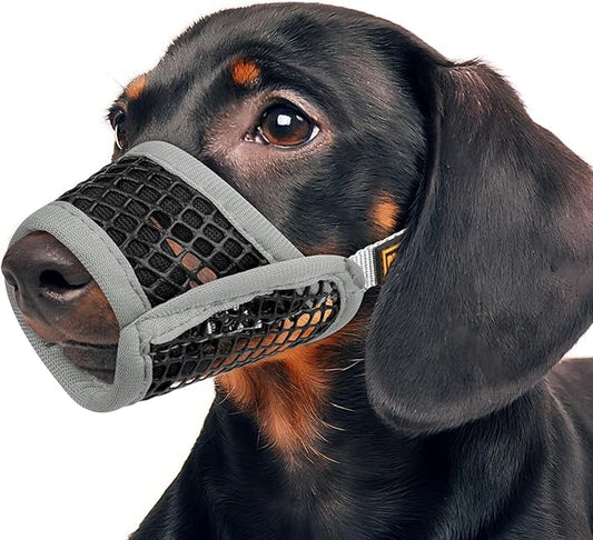 Mayerzon Dog Muzzle for Biting, Patented Soft Breathable Mesh Muzzle for Small Medium Dogs Chihuahua Dachshund Poodle, Adjustable Mouth Cover for Grooming, Chewing, Vet Visits (Grey Trim, M)