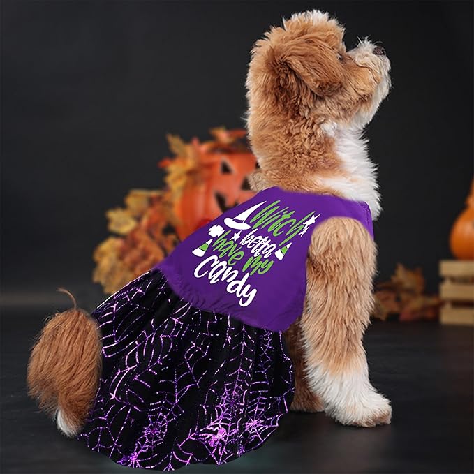 Halloween Dog Dress, Witch Candy Spider Web Tutu Skirt, Holiday Cat Costume for Small Dogs and Cats, Purple Pet Outfit for Puppies and Kittens