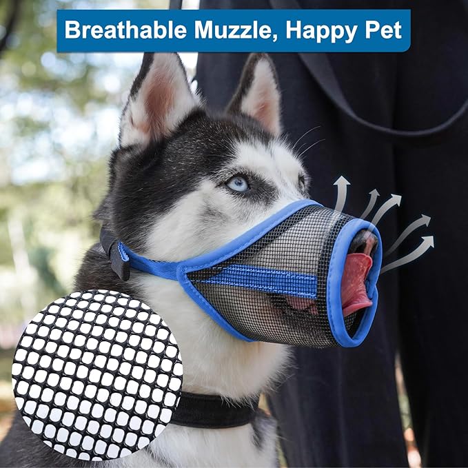 LUCKYPAW Dog Muzzle, Mesh Muzzle for Large Medium Dogs, Soft Mouth Cover to Prevent Biting Chewing, Drinkable Breathable Adjustable Puppy Mouth Guard(L, Blue)