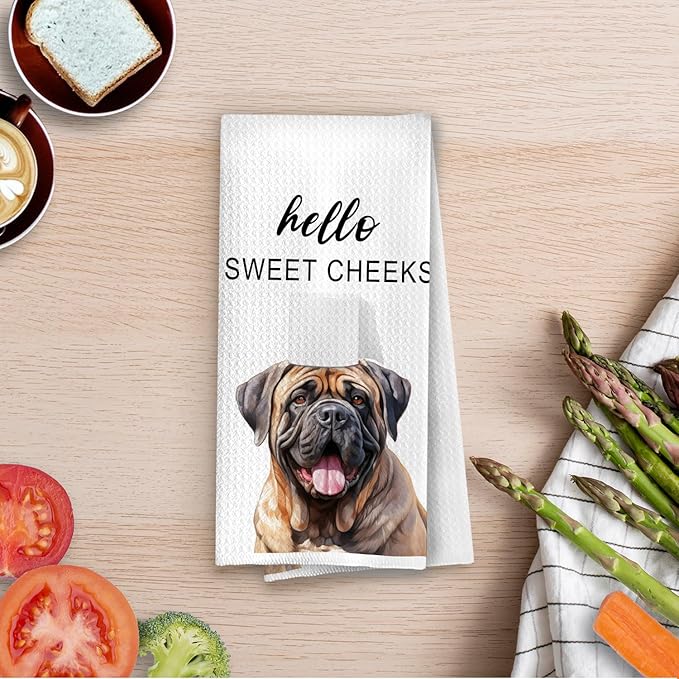 Funny Mastiff Bathroom Decor - Mastiff Gifts Decorative Waffle Hand Towels, Hello Sweet Cheeks Bathroom Decor, 16x24 Inches