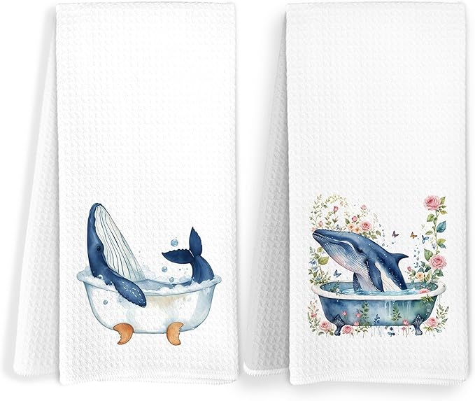 Coastal Beach Whale Kids Bathroom Hand Towels, Kids Bathroom Decor, Ocean Humpback Whale Hand Towels for Bath Room Washroom Restroom Decor, 16x24 Inch Set of 2