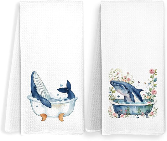 Coastal Beach Whale Kids Bathroom Hand Towels, Kids Bathroom Decor, Ocean Humpback Whale Hand Towels for Bath Room Washroom Restroom Decor, 16x24 Inch Set of 2