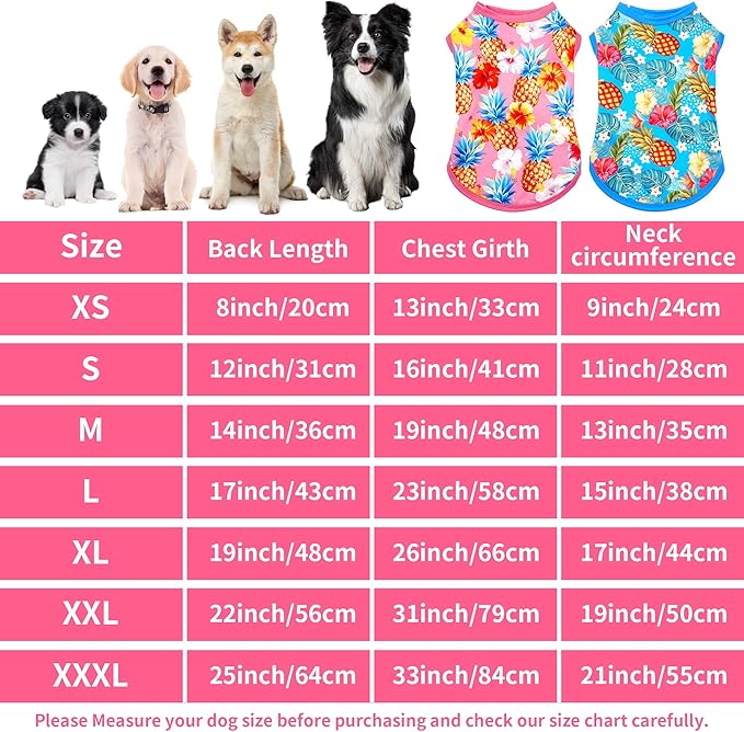 2PCS/Pack Hawaiian Dog Shirts for Large Dogs Spring Summer Sleeveless Tee Vest Tank Top Stretchable Soft Light Weight Clothes Pink Blue Pineapples L
