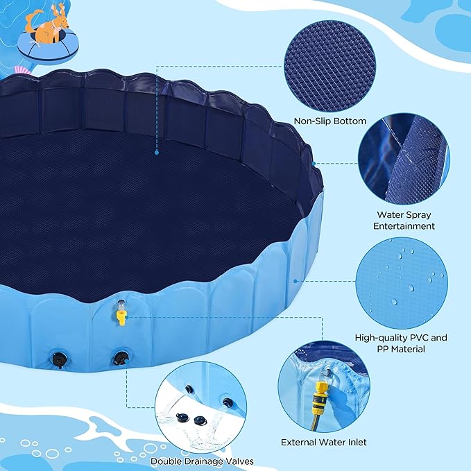 Yaheetech Foldable Dog Bath Pool Collapsible Dog Bathing Tub Doggie Wading Pool with Sprinkler for Indoor/Outdoor Use Suitbale for Puppy Small Medium Dogs Cats(Blue, 71x13 inch)