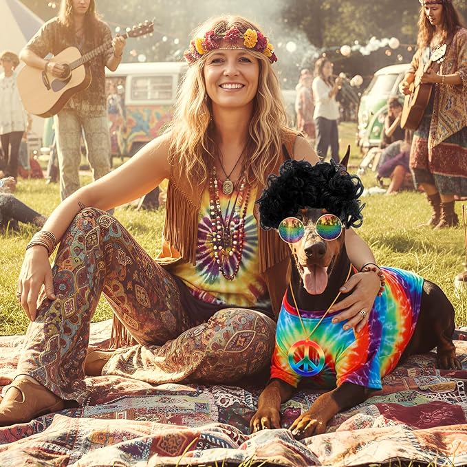 Kinlop 4 Pcs Hippie Dog Costume Halloween Pet Costume Accessories Includes 60s 70s Colorful Tie Dye T-Shirt Funky Wig Peace Sign Necklace and Sunglasses for Party Dress up(Large)