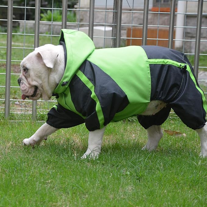 Lovelonglong American Bully Pitbull Dog Hooded Raincoat, Bulldog Rain Jacket Poncho Waterproof Clothes with Hood Breathable 4 Feet Four Legs Rain Coats for Pugs English French Bulldog Green B-S