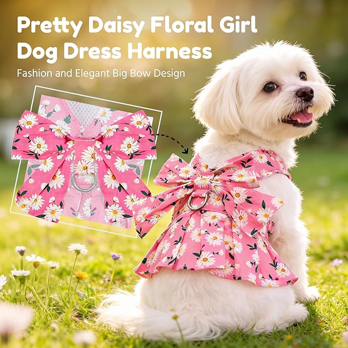 BAEJMJK Dog Dress Bowknot Harness Leash Set for Small Dogs Cats Daisy Floral Girl Dog Dresses Cute Puppy Princess Clothes Pet Doggy Outfits Spring Summer Breathable Dresses(Pink,X-Small)