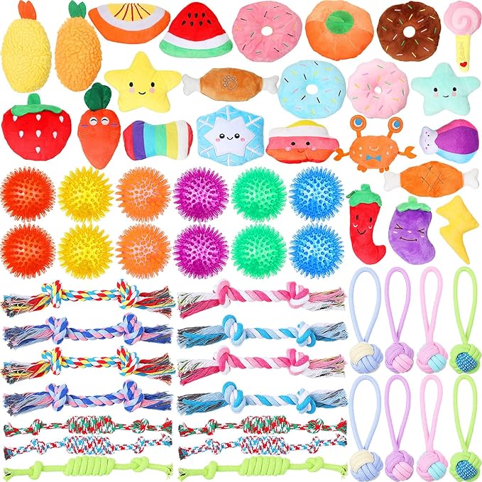 Syhood 60 Pcs Squeaky Dog Toys Bulk Stuffed Plush Chew Toys Puppy Teething Rope Cute Spiky Chew Ball for Small Dog Pet Teething Gift(Lovely Style)