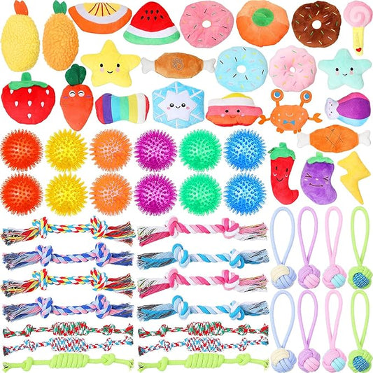 Syhood 60 Pcs Squeaky Dog Toys Bulk Stuffed Plush Chew Toys Puppy Teething Rope Cute Spiky Chew Ball for Small Dog Pet Teething Gift(Lovely Style)