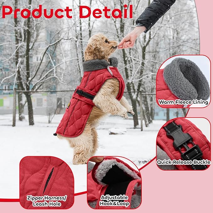 Dog Coats, Warm Puppy Apparel with Fleece Lining for Cold Weather, Windproof Medium Dog Winter Jacket, Reflective Dogs Snow Coat with Leash Hole and Adjustable Buckle, NewRed M