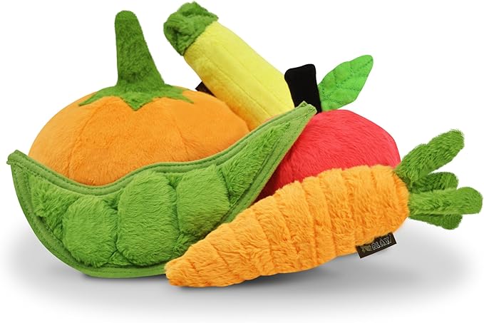 P.L.A.Y. Cute Plush Dog Toys - Fruit & Vegetable Themed Durable Squeaker Chew Toy, Great for Puppies & Small, Medium, Large Dogs - Machine Washable, Recycled Materials (5 Piece Set)