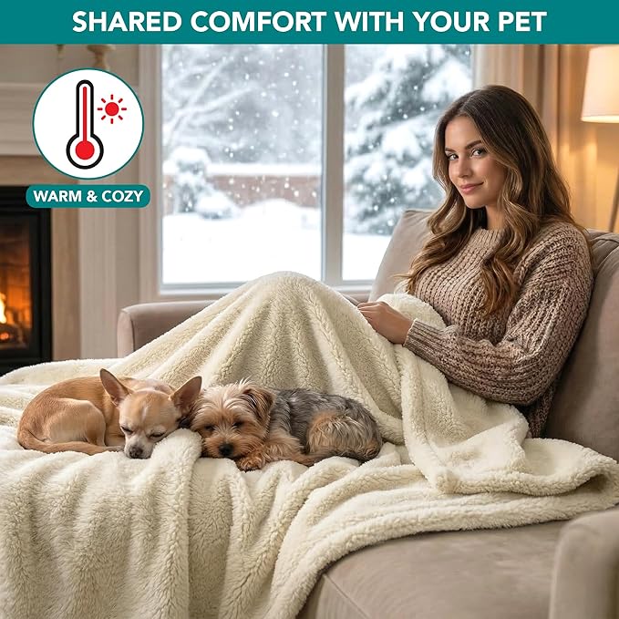 PetAmi Fluffy Waterproof Dog Blanket for Small Medium Dogs, Soft Warm Pet Sherpa Throw Pee Proof Couch Cover, Reversible Cat Puppy Bed Blanket Sofa Protector, Plush Washable Pad (Beige Cream, 24x32)