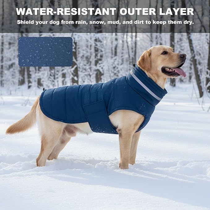 Mklhgty Waterproof Dog Coat for Medium and Large Dogs, Warm Dog Winter Jacket, Reflective Windproof Turtleneck Coats with Adjustable Hook & Loop - Blue - L