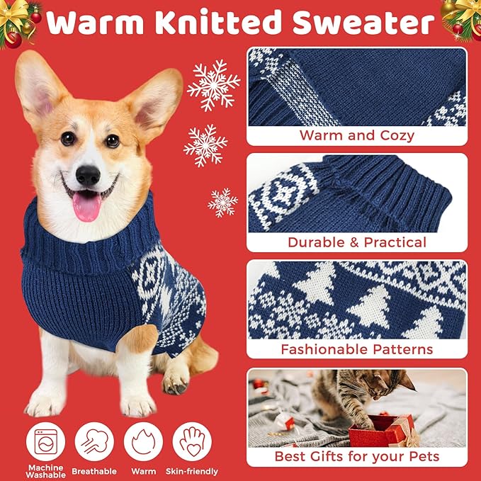 Christmas Dog Sweaters for Small Medium Large Dogs and Cats,Pet Soft Warm Holiday Outfit Girl & Boy,Pup Winter Clothes Turtleneck Double Knitting Collar for Outdoors Playing (Blue,Small)