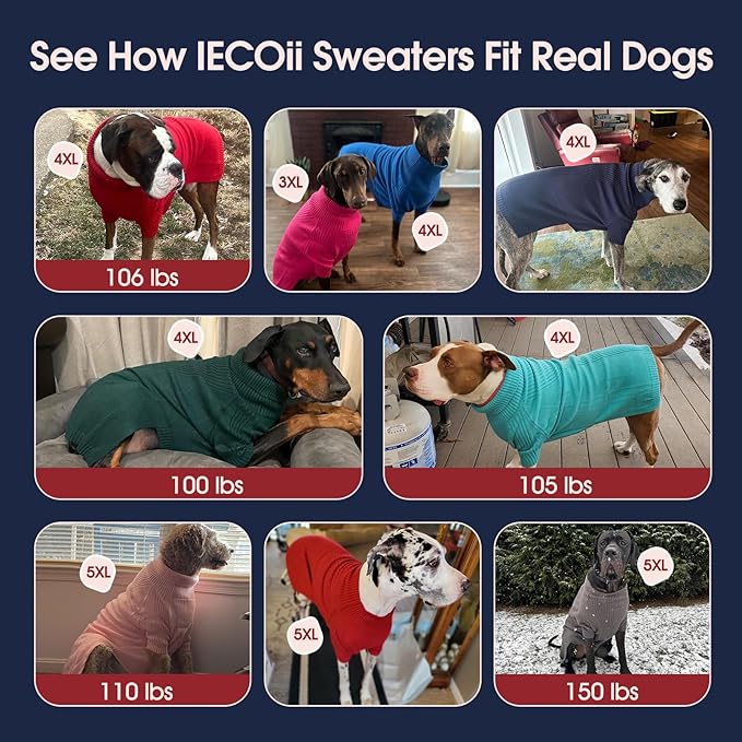 IECOii Great Dane Sweater,5XL Extra Large Sweater for Giant Breed Dogs in Winter,Turtleneck Cold Weather Knit Clothes,Machine Washable,Elastic Pullover for Saint Bernard,Mastiff (Blue,XXXXXL)