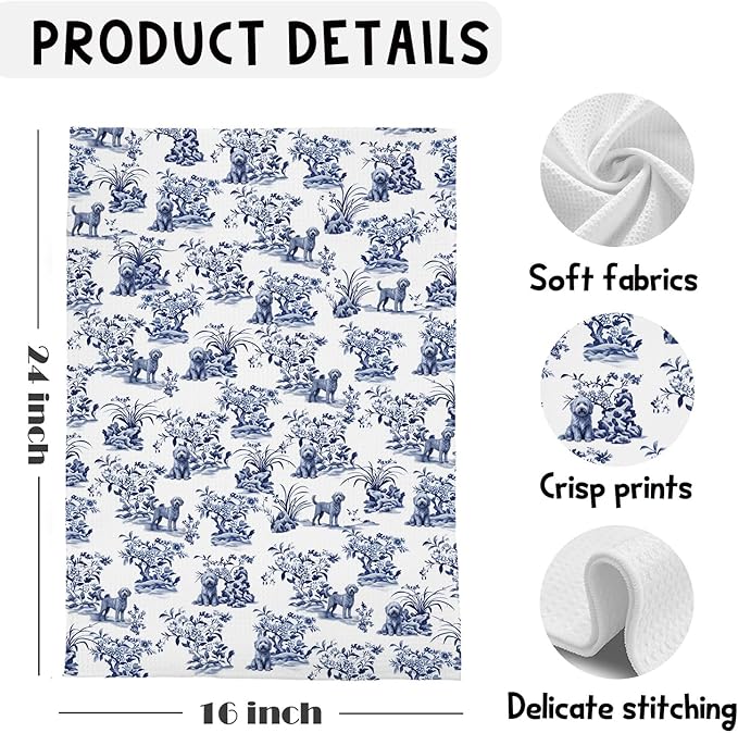 Blue Chinoiserie Labradoodle Kitchen Towels, Doodle Gifts for Women Dish Tea Towels for Kitchen Decor, Chinoiserie Poodle Hand Towels for Bathroom, 16x24 Inches