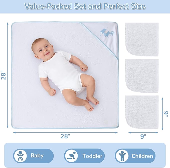 Viviland 6 Pcs Hooded Baby Towels and Washcloths Set, Super Gentle Bath Towels for Newborn Face & Body, Absorbent Wash Cloth for Infants Boys, Blue-Elephant Pattern, 28 x 28 inch