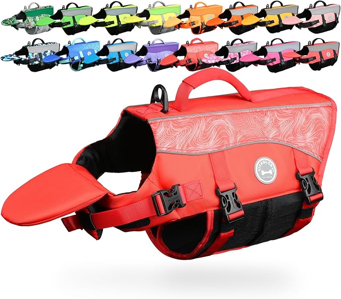 VIVAGLORY Front Float Dog Life Vest, Dog Life Jacket for Swimming & Boating, Swimming Vest with Chin Float & Handle, Ripstop & Buoyancy for Puppy Doggy, M, Red