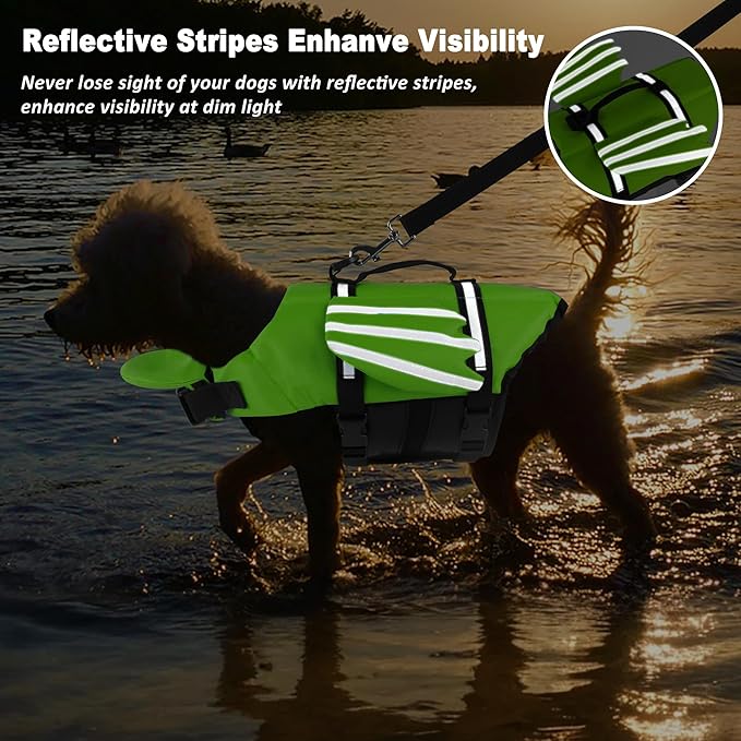 Dog Life Jacket, Cute Wings Adjustable Dog Life Vest with Chin Float and Handle for Swimming Boating Reflective High Buoyancy Swim Float Vest for Small Medium Large Dogs (Green, M)